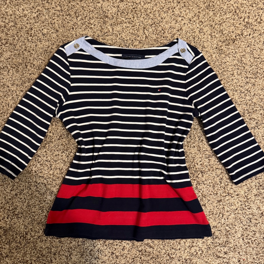 Tommy Hilfiger Navy, White & Light Blue Striped Boatneck Top